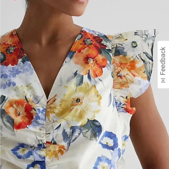 Express Floral V-Neck Flutter Sleeve Ruched Top Multi-Color For Women's Small - Picture 13 of 13